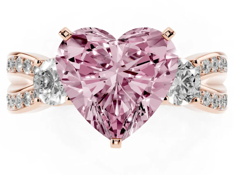 Fancy Pink Three-Stone Heart Cut Diamond Twist Band Ring Set in Rose gold with Pavé Accents and Prong Setting
