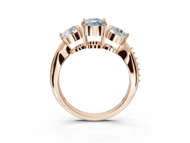 Cushion Cut Three Stone Engagement Ring Setting for a Fancy Blue Lab-Grown Diamond | Tapered Pave Band | Rose Gold