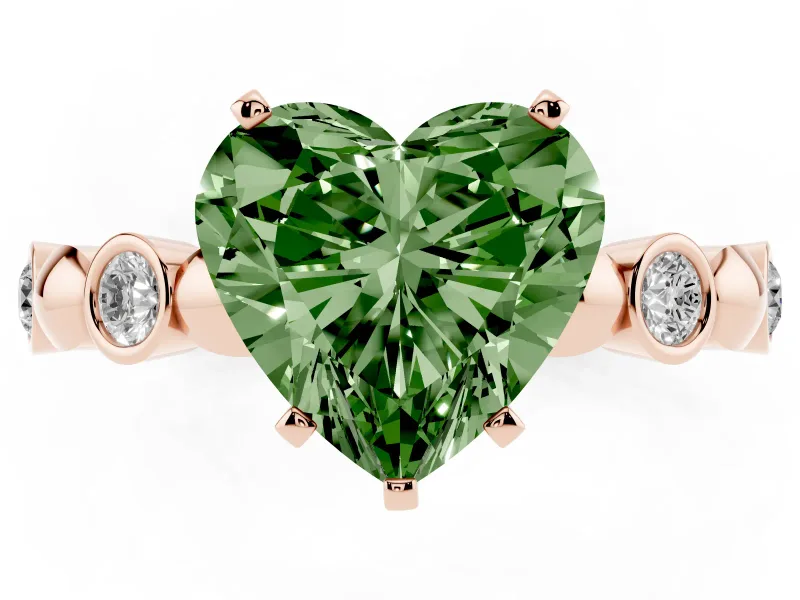 Fancy Green Heart Cut Diamond Solitaire Ring Set in Rose gold with Bezel-Set Accents on Beaded Band and Prong Setting