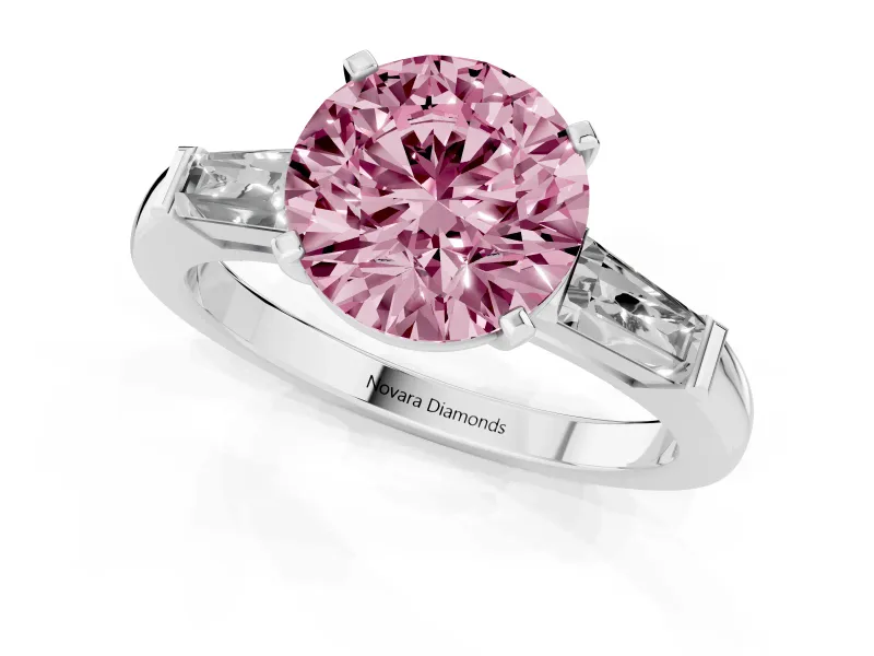 Round Three Stone Engagement Ring Setting for a Fancy Pink Lab-Grown Diamond | Tapered Baguettes | White Gold