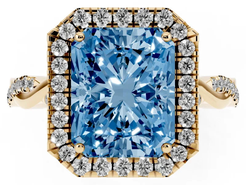 Radiant Cut Twist Halo Engagement Ring Setting for a Fancy Blue Lab-Grown Diamond | Yellow Gold