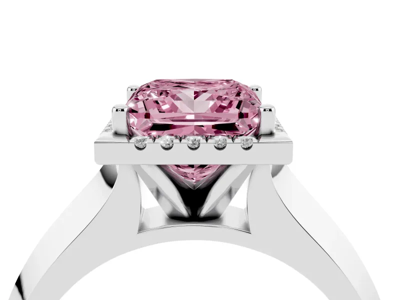 Fancy Pink Princess Cut Diamond Halo Ring Set in Platinum with Cathedral Band and Prong Setting