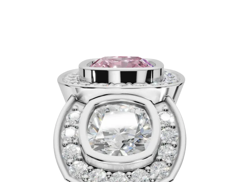 Cushion Cut Three Stone Halo Engagement Ring Setting for a Fancy Pink Lab-Grown Diamond | Platinum