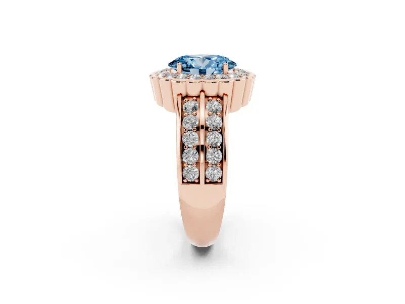 Fancy Blue Oval Cut Diamond Scalloped Halo Ring Set in Rose gold with Pavé Split Shank