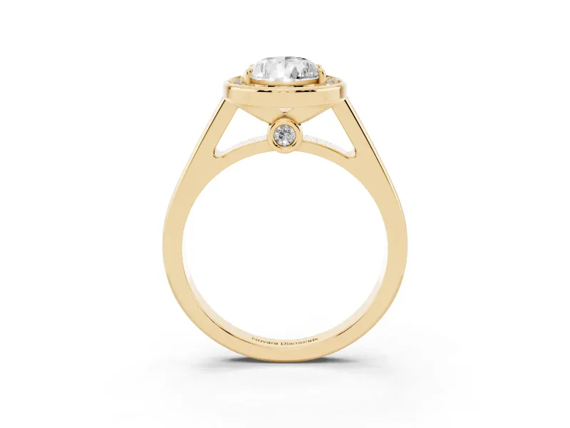 Pear Cut Diamond Halo Solitaire Ring Set in Yellow gold with Pavé Band and Bezel Setting