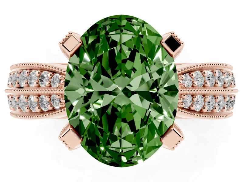 Fancy Green Oval Cut Diamond Solitaire Ring Set in Rose gold with Milgrain Double Row Round Pavé Band