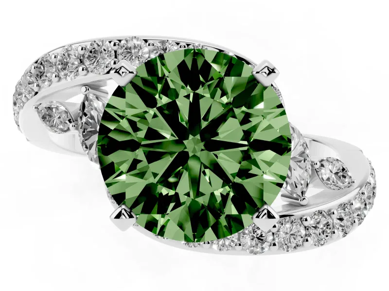 Fancy Green Round Cut Diamond Solitaire Ring Set in Platinum with Pavé Twist Band and Secure Prong Setting