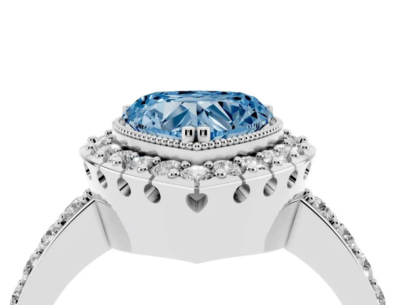 Heart-Shaped Milgrain Halo Engagement Ring Setting for a Fancy Blue Lab-Grown Diamond | Pavé Shoulders | Sterling Silver