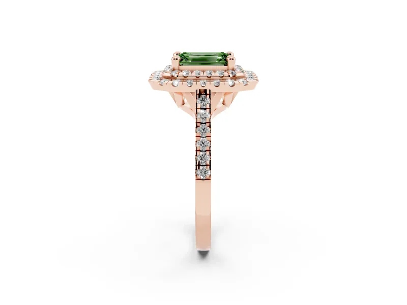 Fancy Green Emerald Cut Diamond Double Halo Statement Ring Set in Rose gold with Pavé Band