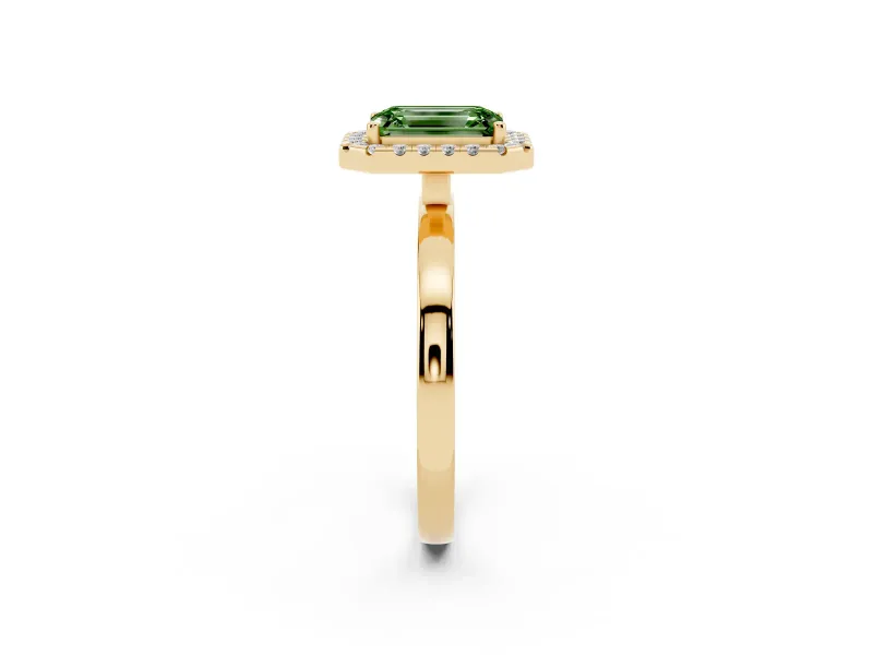 Fancy Green Emerald Cut Diamond Halo Solitaire Ring Set in Yellow gold with Pavé Band and Prong Setting