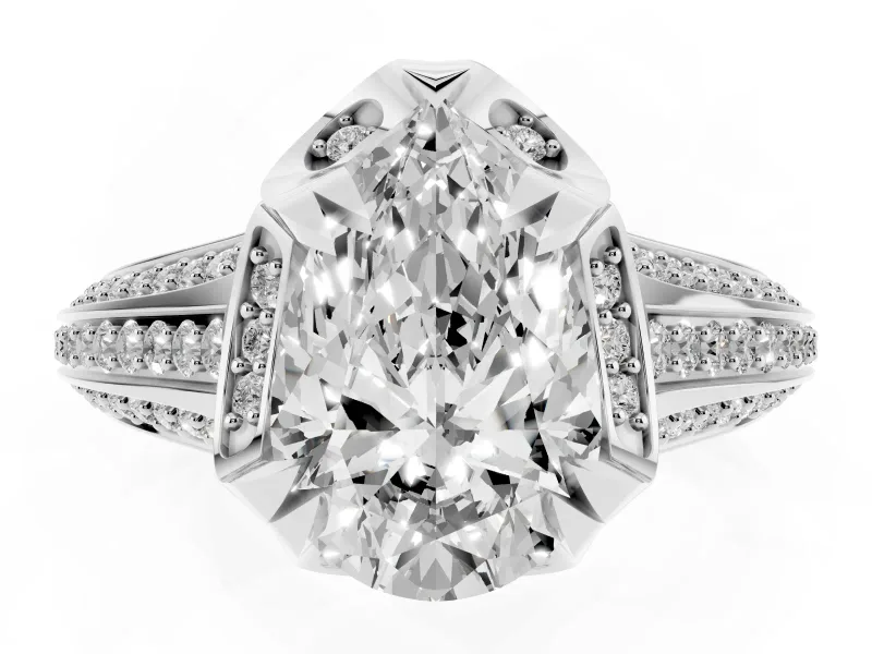 Pear Cut Diamond Pavé Split Shank Solitaire Ring Set in Silver with Prong Setting