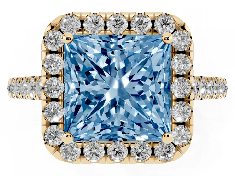 Princess Cut Halo Engagement Ring Setting for a Fancy Blue Lab-Grown Diamond | Pave Shoulders | Yellow Gold