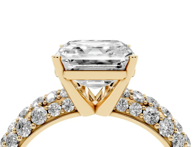 Asscher Cut Multi Row Pave Solitaire Engagement Ring Setting | Domed Shoulders | Yellow Gold