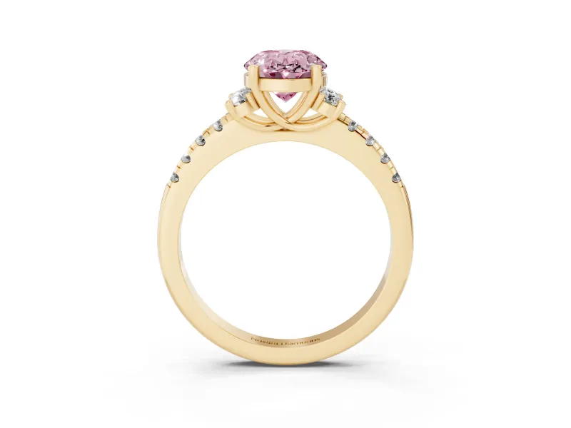Oval Side Stone Engagement Ring Setting for a Fancy Pink Lab-Grown Diamond | Pave Band | Yellow Gold