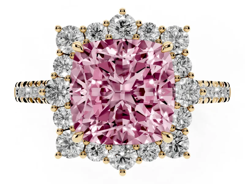 Cushion Cut Scalloped Halo Engagement Ring Setting for a Fancy Pink Lab-Grown Diamond | Single Row Pave | Yellow Gold