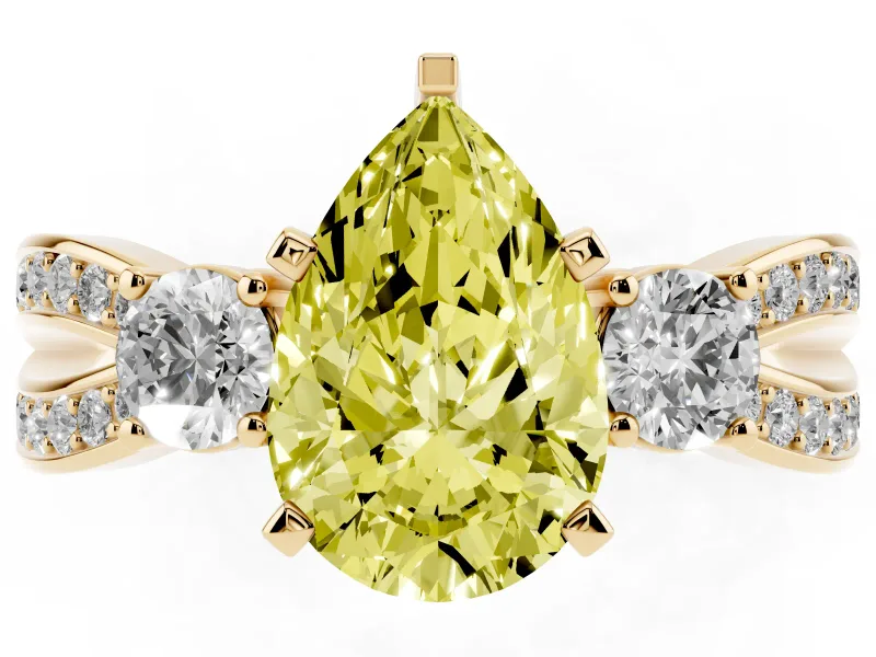 Pear-Shaped Three-Stone Twist Engagement Ring Setting for a Fancy Yellow Lab-Grown Diamond | Yellow Gold