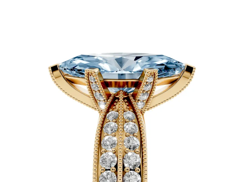 Fancy Blue Marquise Cut Diamond Solitaire Ring Set in Yellow gold with Milgrain Double Row Round Pavé Band