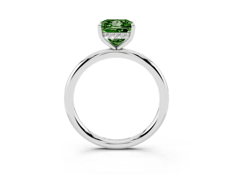 Fancy Green Princess Cut Diamond Solitaire Ring Set in White gold with Thin Band and Prong Setting
