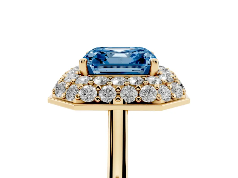 Fancy Blue Asscher Cut Diamond Halo Engagement Ring Set in Yellow gold with Solitaire Band and Prong Setting