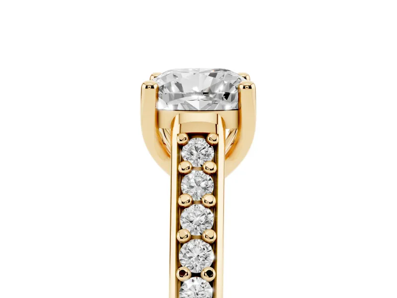 Cushion Cut Diamond Prong Set Solitaire Engagement Ring Set in Yellow gold with Pavé Band