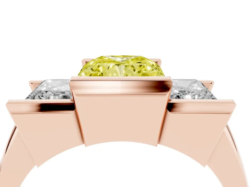 Radiant Cut Channel-Set Three Stone Engagement Ring Setting for a Fancy Yellow Lab-Grown Diamond | Rose Gold