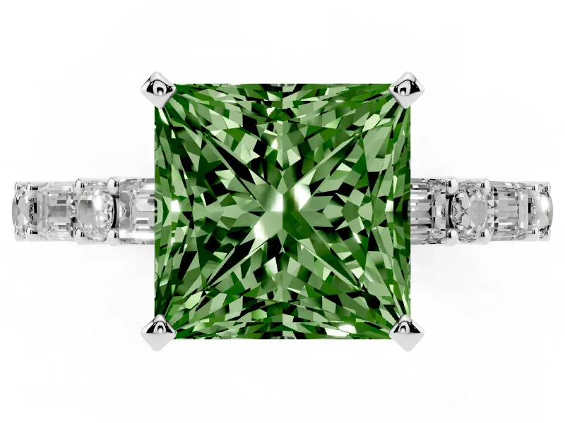 Fancy Green Princess Cut Diamond Solitaire Set in Platinum with Side Baguettes and Channel Set Band