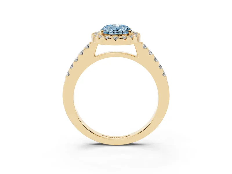 Fancy Blue Oval Cut Diamond Halo Pavé Solitaire Ring Set in Yellow gold with Prong-Set Center Stone