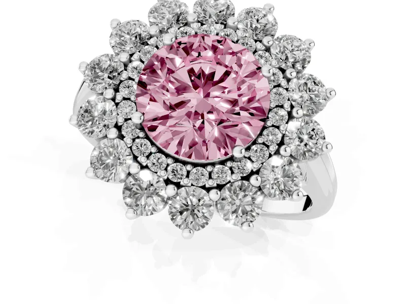 Round Floral Double Halo Engagement Ring Setting for a Fancy Pink Lab-Grown Diamond | Plain Band | White Gold