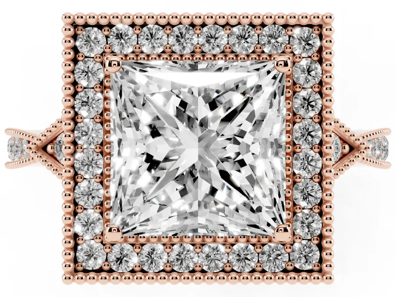 Princess Cut Diamond Halo Engagement Ring Set in Rose gold with Milgrain Pavé Band
