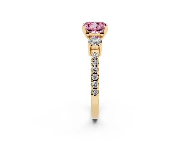 Fancy Pink Three-Stone Cushion Cut Diamond Pavé Band Ring Set in Yellow gold with Prong Setting