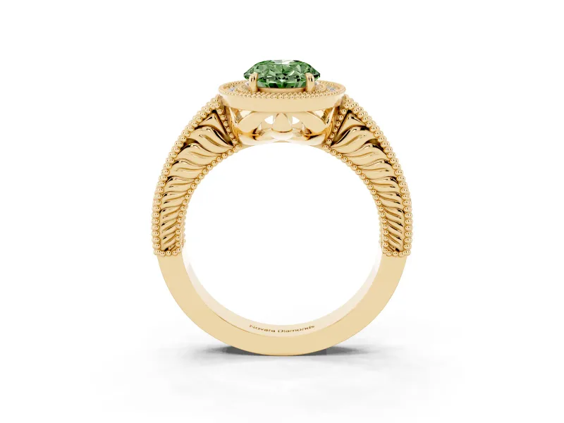 Fancy Green Oval Cut Diamond Halo Ring Set in Yellow gold with Round Accent Halo, Pavé Band and Prong Setting