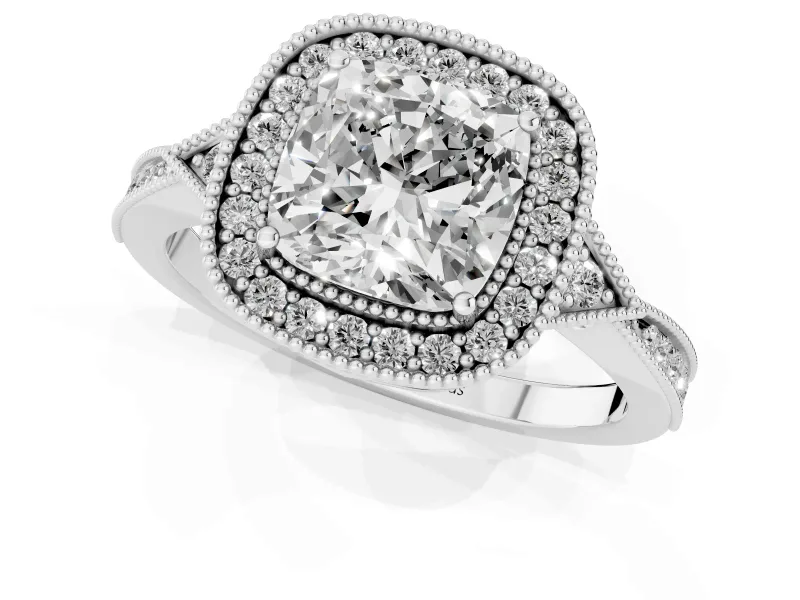 Cushion Cut Diamond Halo Engagement Ring Set in White gold with Milgrain Pavé Band