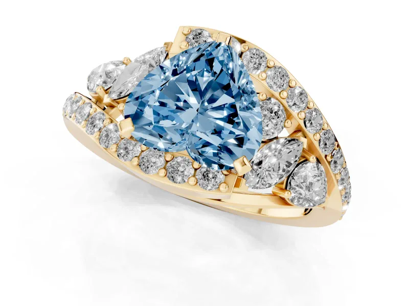 Fancy Blue Heart Cut Diamond Halo Ring Set in Yellow gold with Marquise and Pavé Band in Prong Setting