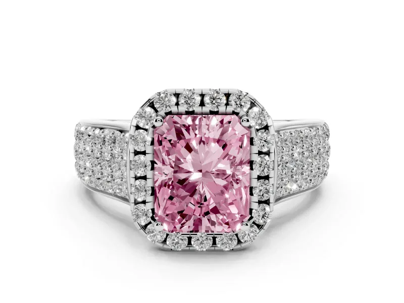 Fancy Pink Radiant Cut Diamond Halo Ring Set in Platinum with Pavé Band and Raised Center Setting