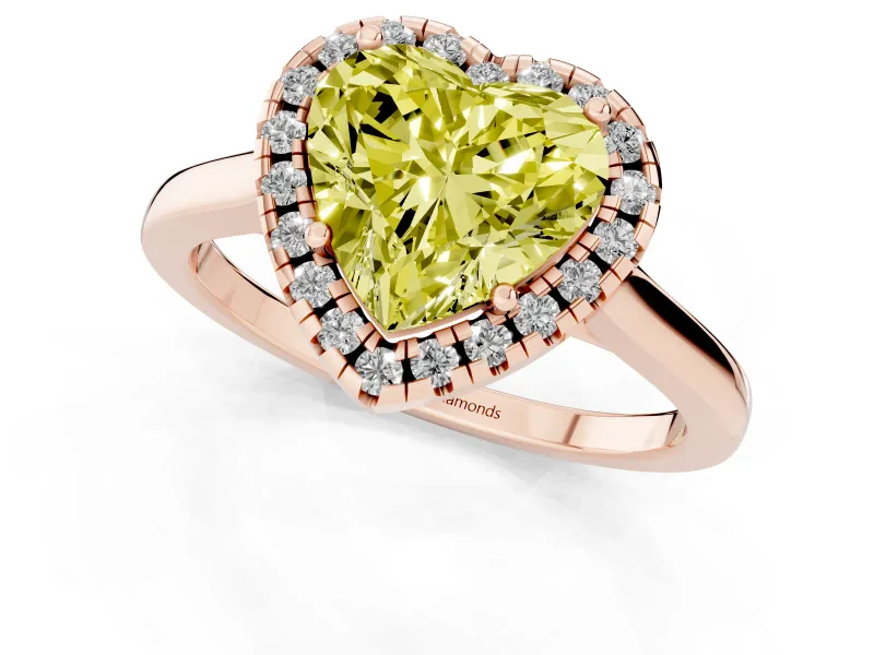 Fancy Yellow Heart Cut Halo Round Diamond Solitaire Ring Set in Rose gold with Pavé Band and Prong Setting