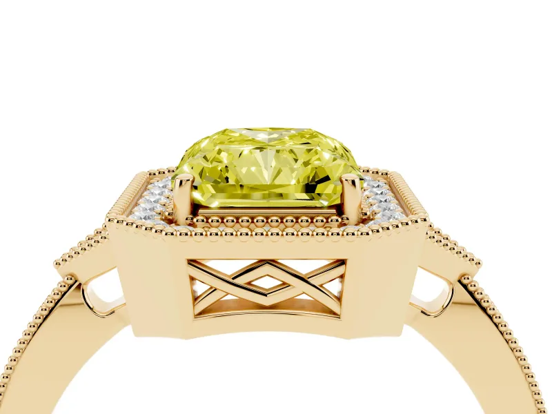 Fancy Yellow Radiant Cut Diamond Halo Engagement Ring Set in Yellow gold with Milgrain Pavé Band