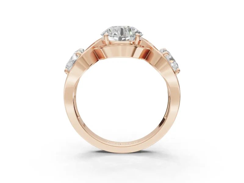 Round Three Stone Halo Engagement Ring Setting | Pavé Wave Band | Rose Gold
