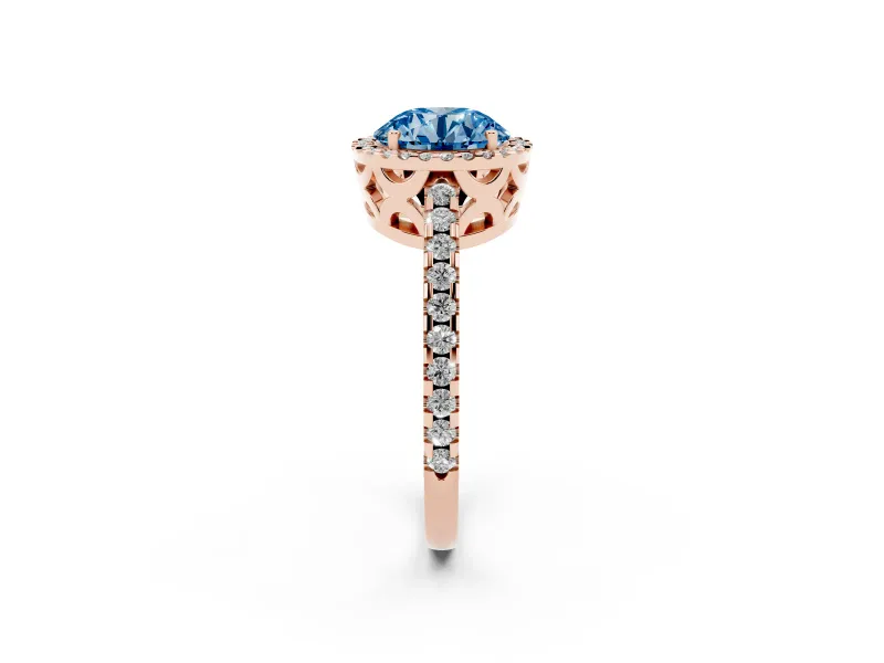 Round Halo Engagement Ring Setting for a Fancy Blue Lab-Grown Diamond | Half Pave Band | Rose Gold