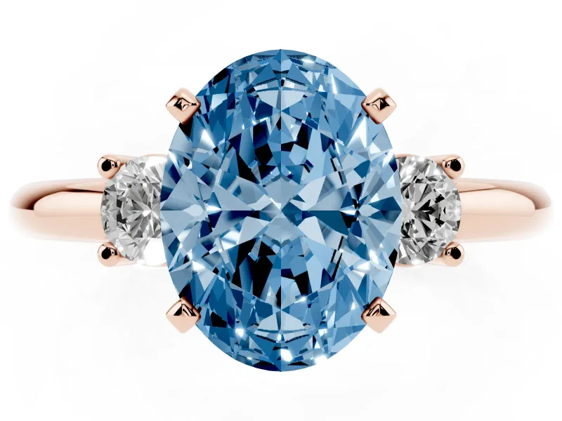 Oval Three Stone Engagement Ring Setting for a Fancy Blue Lab-Grown Diamond | Round Side Stones | Rose Gold