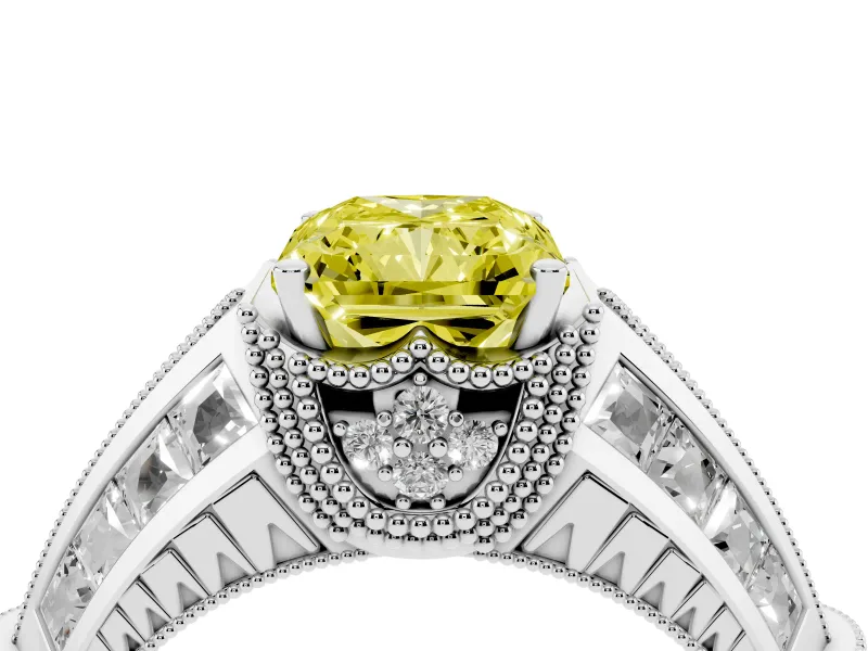 Fancy Yellow Radiant Cut Diamond Vintage-Inspired Milgrain Ring Set in White gold with Accent Split Shank