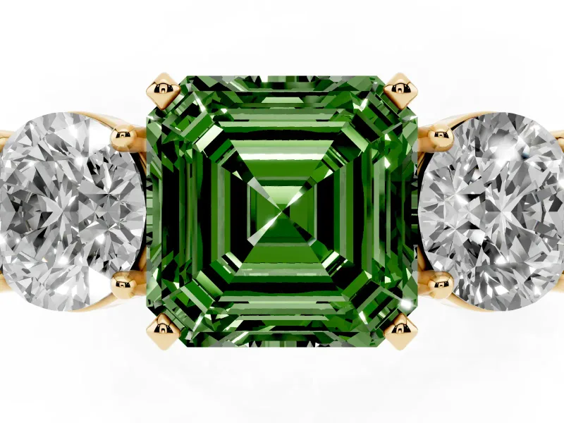 Asscher Cut Three Stone Engagement Ring Setting for a Fancy Green Lab-Grown Diamond | Wide Plain Band | Yellow Gold
