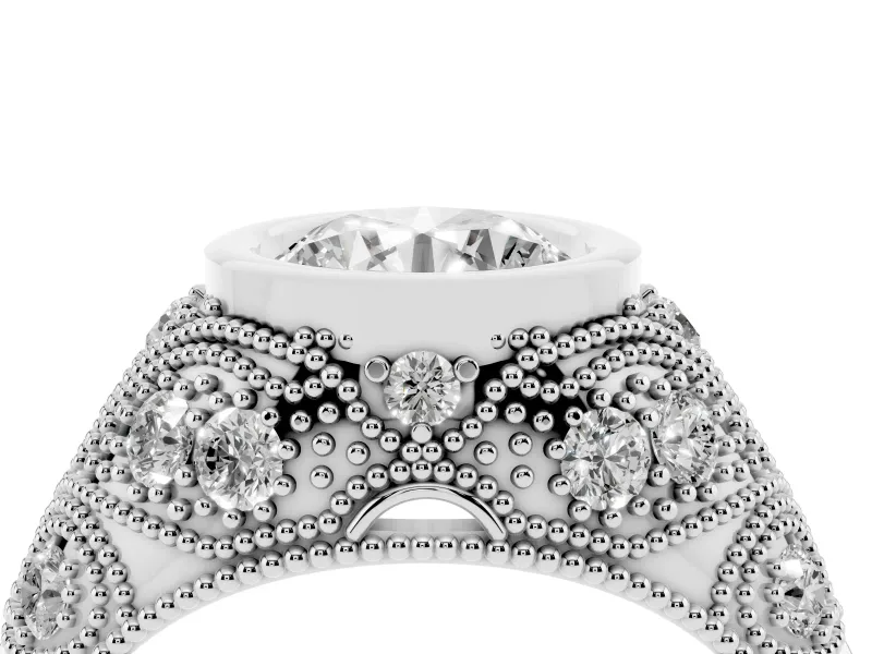 Round Cut Diamond Bezel Ring Set in White gold with Milgrain Accent Band