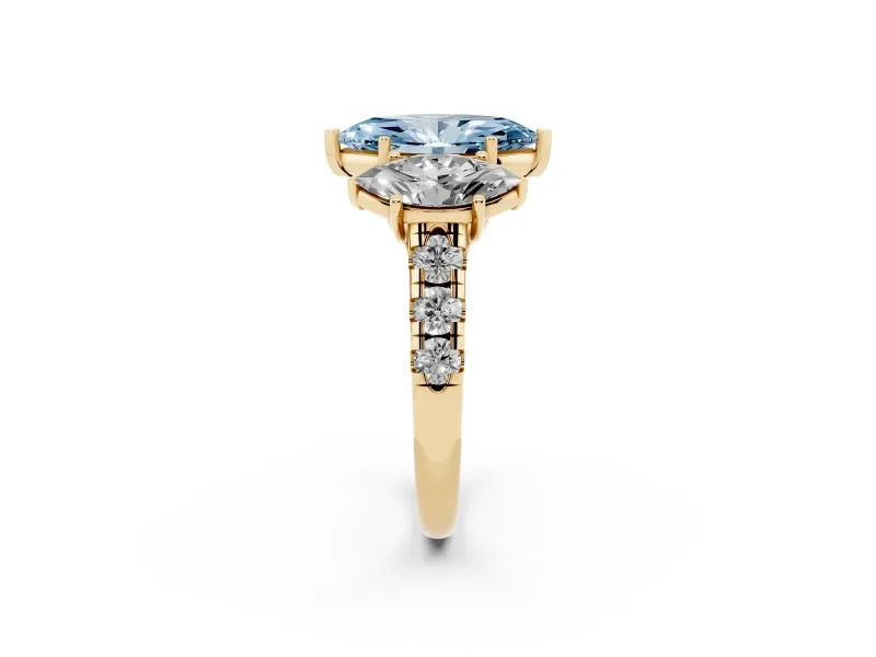 Marquise Three Stone Engagement Ring Setting for a Fancy Blue Lab-Grown Diamond | Accented Shoulders | Yellow Gold