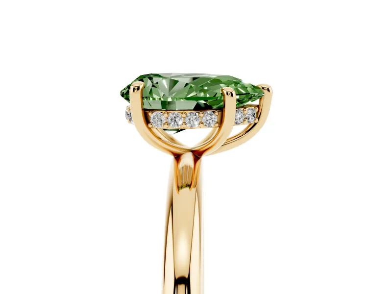 Fancy Green Pear Cut Diamond Solitaire Ring Set in Yellow gold with Thin Band and Prong Setting