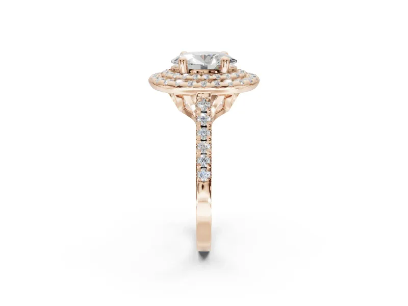 Oval Lab-Grown Diamond Double Halo Statement Ring Set in Rose Gold with Pavé Band