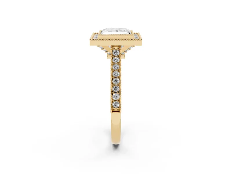 Princess Cut Vintage Milgrain Halo Engagement Ring Setting | Bezel Head | Yellow Gold