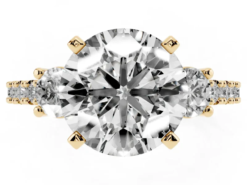 Three-Stone Round Cut Diamond Pavé Band Ring Set in Yellow gold with Prong Setting