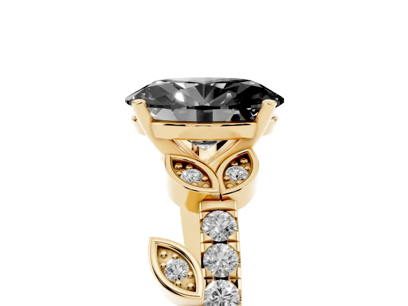 Fancy Black Oval Cut Diamond Solitaire Leaf-Inspired Ring Set in Yellow gold with Pavé Band and Prong Setting