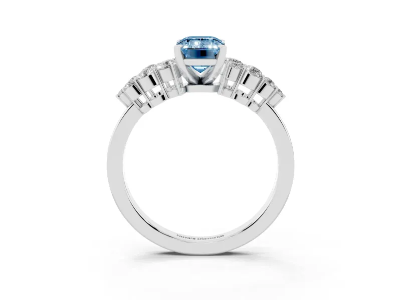 Fancy Blue Emerald Cut Diamond Cluster Engagement Ring Set in Platinum with Pavé Band and Prong Setting