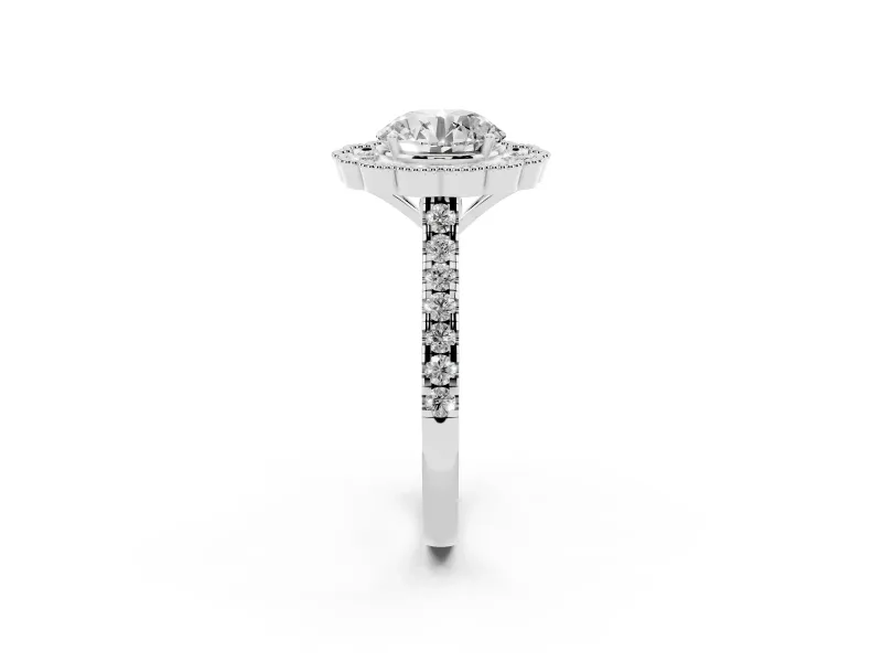 Round Cut Diamond Milgrain Floral Halo Engagement Ring Set in White gold with Pavé Band